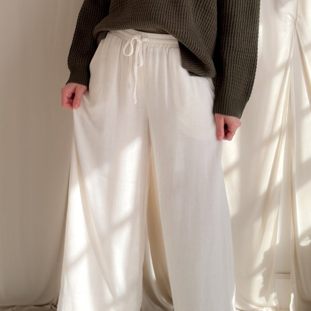 Ivory Linen Blend Wide Leg Drawstring Pants - Picture 11 of 16